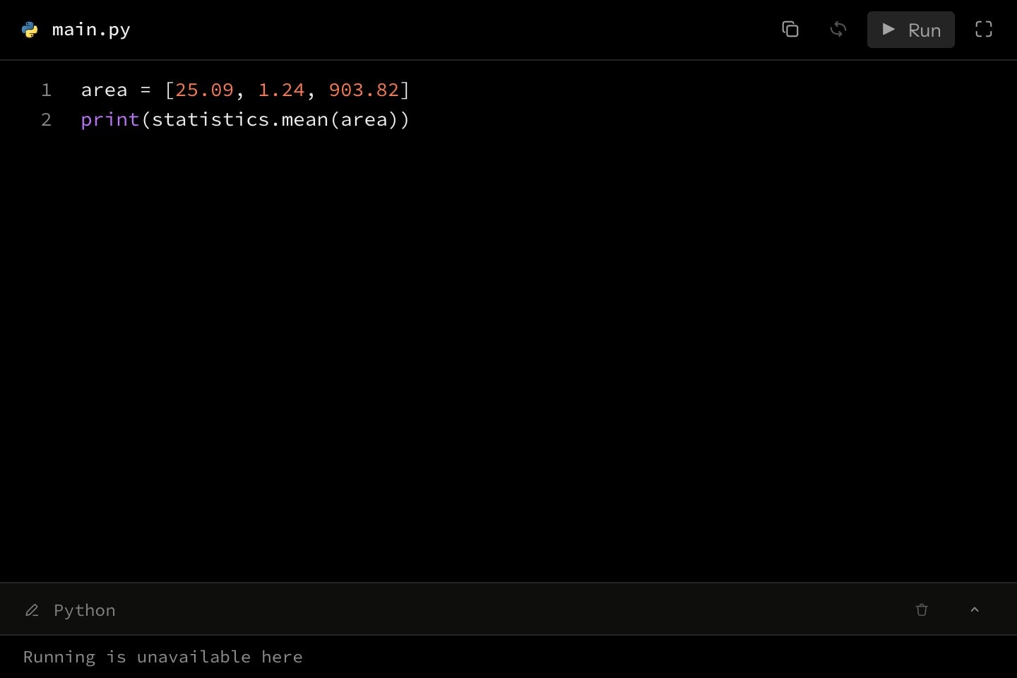 A runnable, editable Python code canvas, its toolbar carrying the Run control.