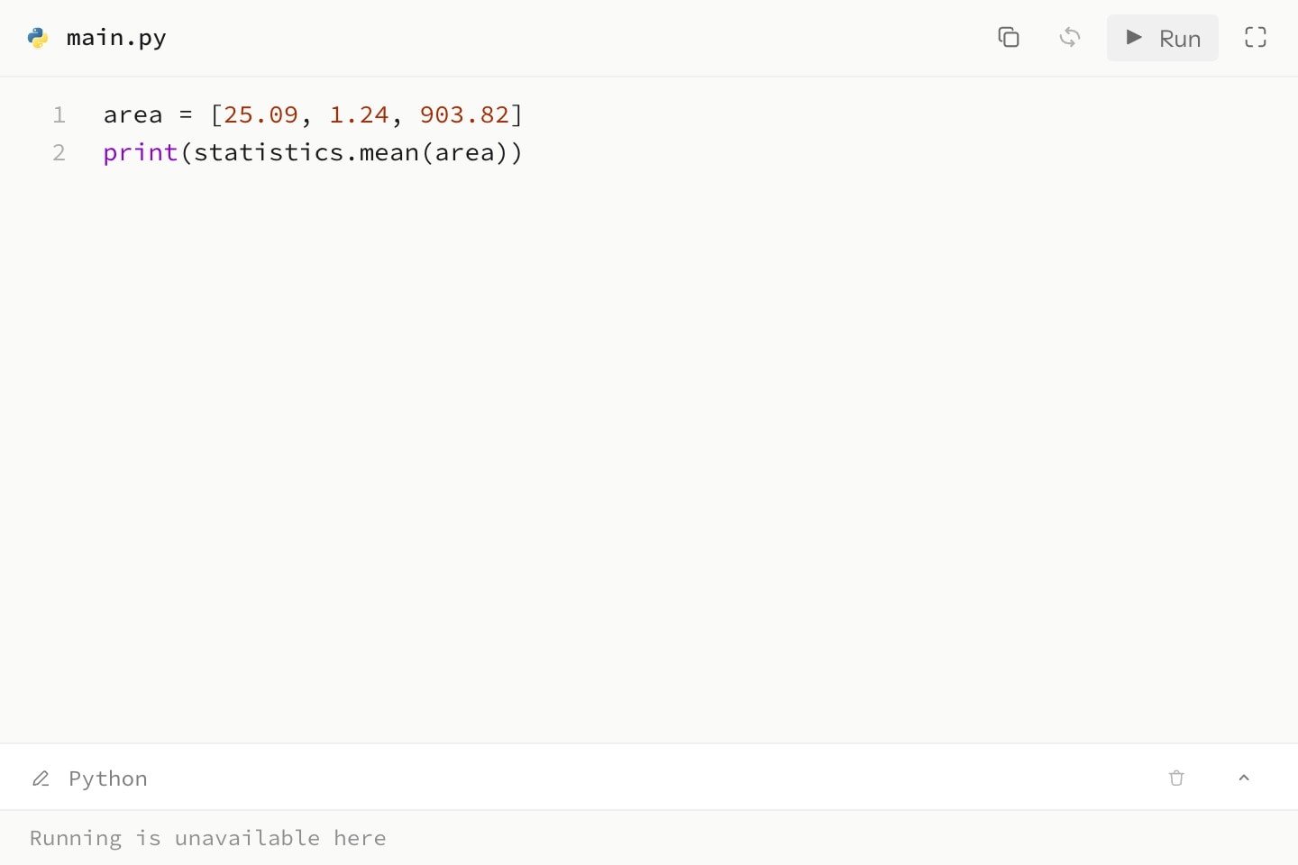 A runnable, editable Python code canvas, its toolbar carrying the Run control.