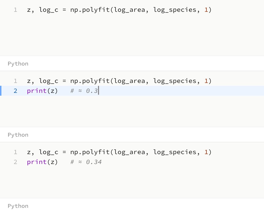 Three frames of a Python code canvas: a polyfit line alone, then a print line beneath it half typed, then typed in full.