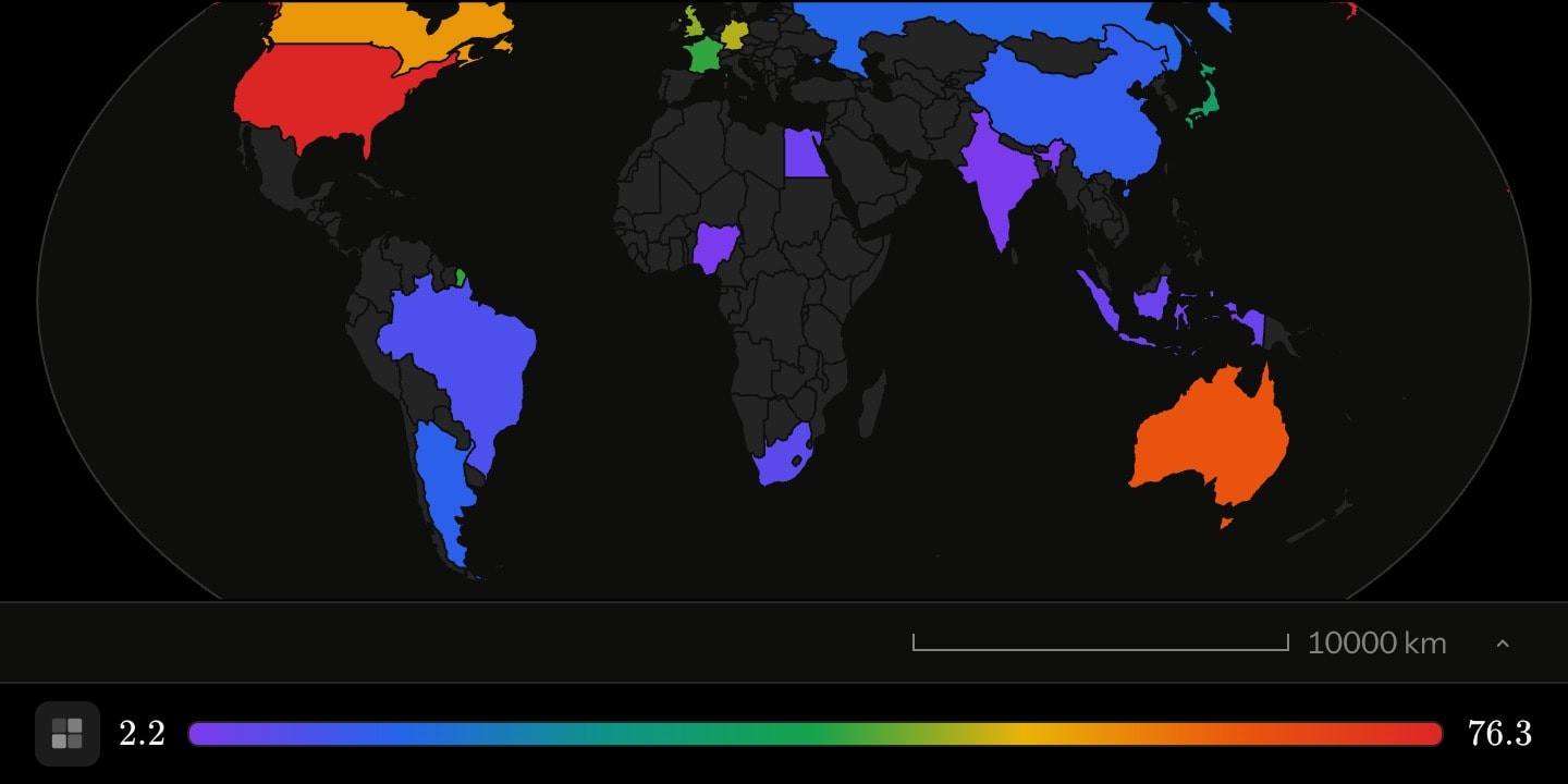 A world map with sixteen countries shaded by GDP per head, the United States reddest at the top of the scale and Australia orange just below it.