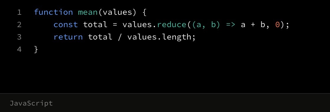 A JavaScript code canvas titled mean.js, a function that averages an array.