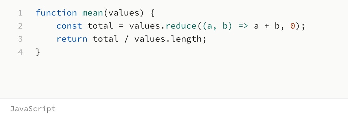 A JavaScript code canvas titled mean.js, a function that averages an array.
