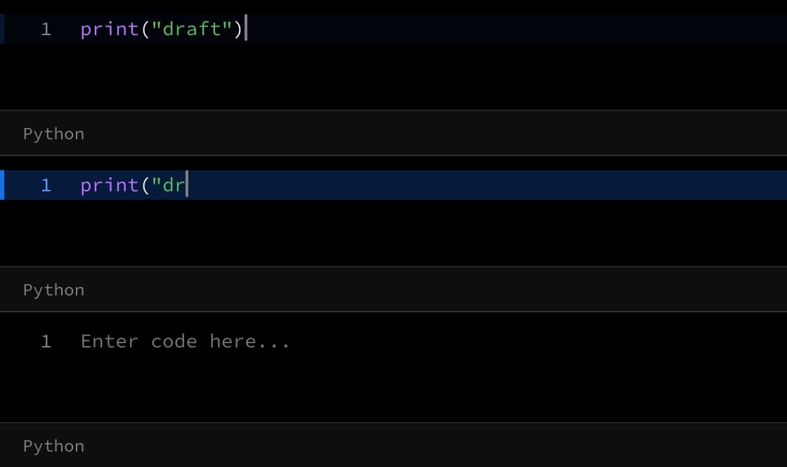 Three frames of the second step: a line of Python typed in on the first, leaving as the second begins.