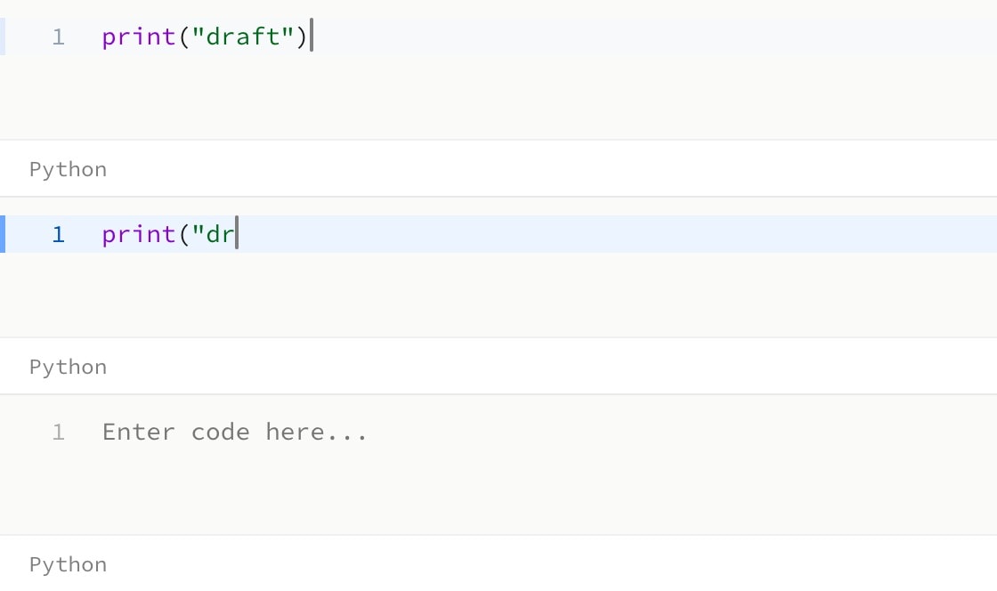 Three frames of the second step: a line of Python typed in on the first, leaving as the second begins.