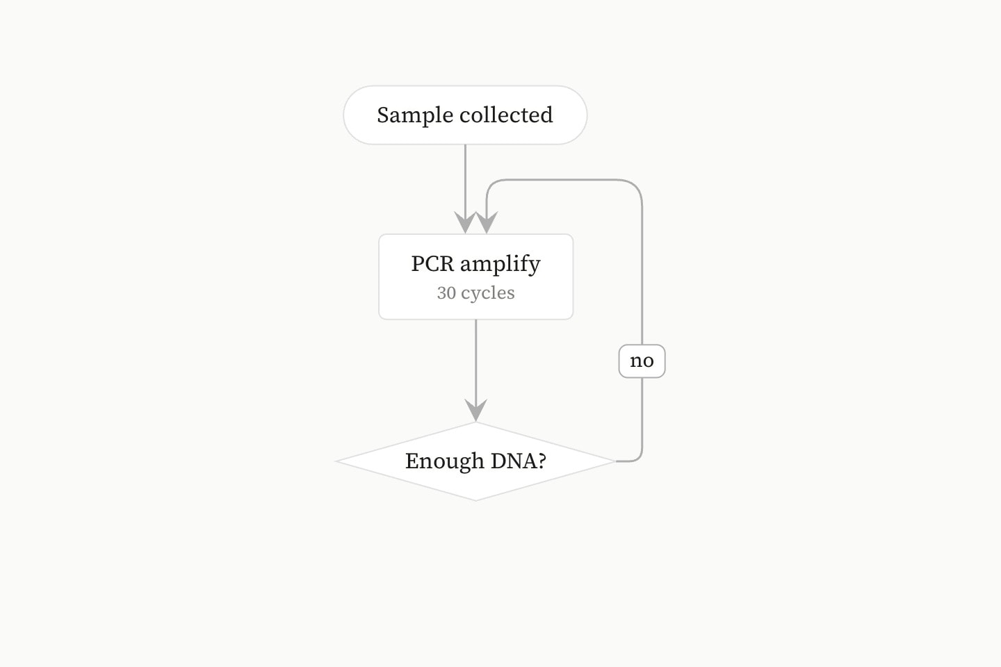 A flowchart running down from Sample collected to PCR amplify, 30 cycles, to the decision Enough DNA?, with an arrow labelled no looping back to PCR.