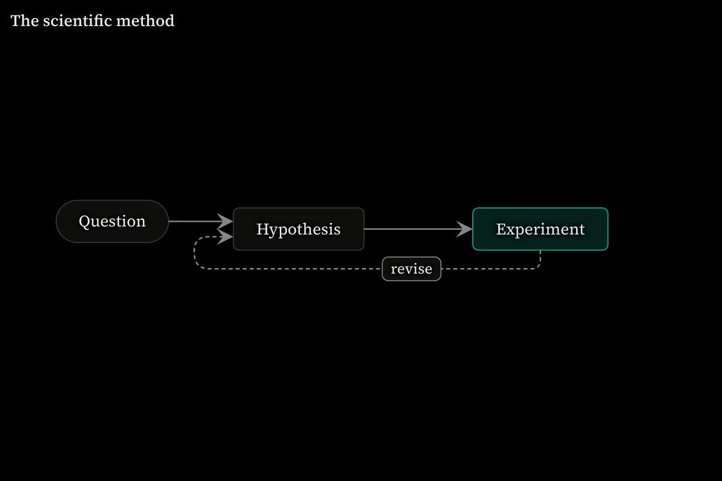 A titled flowchart running left to right from Question to Hypothesis to Experiment, the experiment box teal, with a dashed arrow labelled revise running back to Hypothesis.