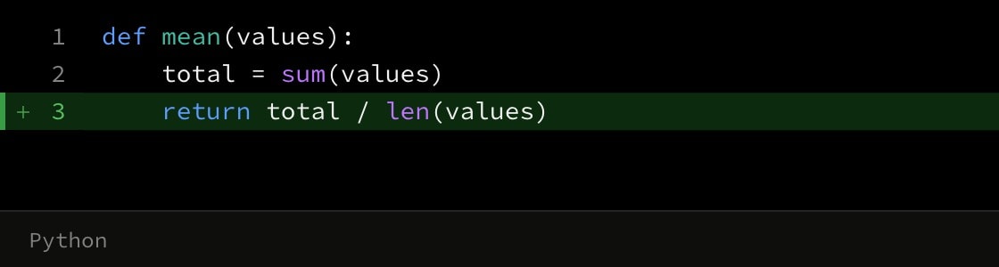 A Python function whose indented return line is washed green as added.