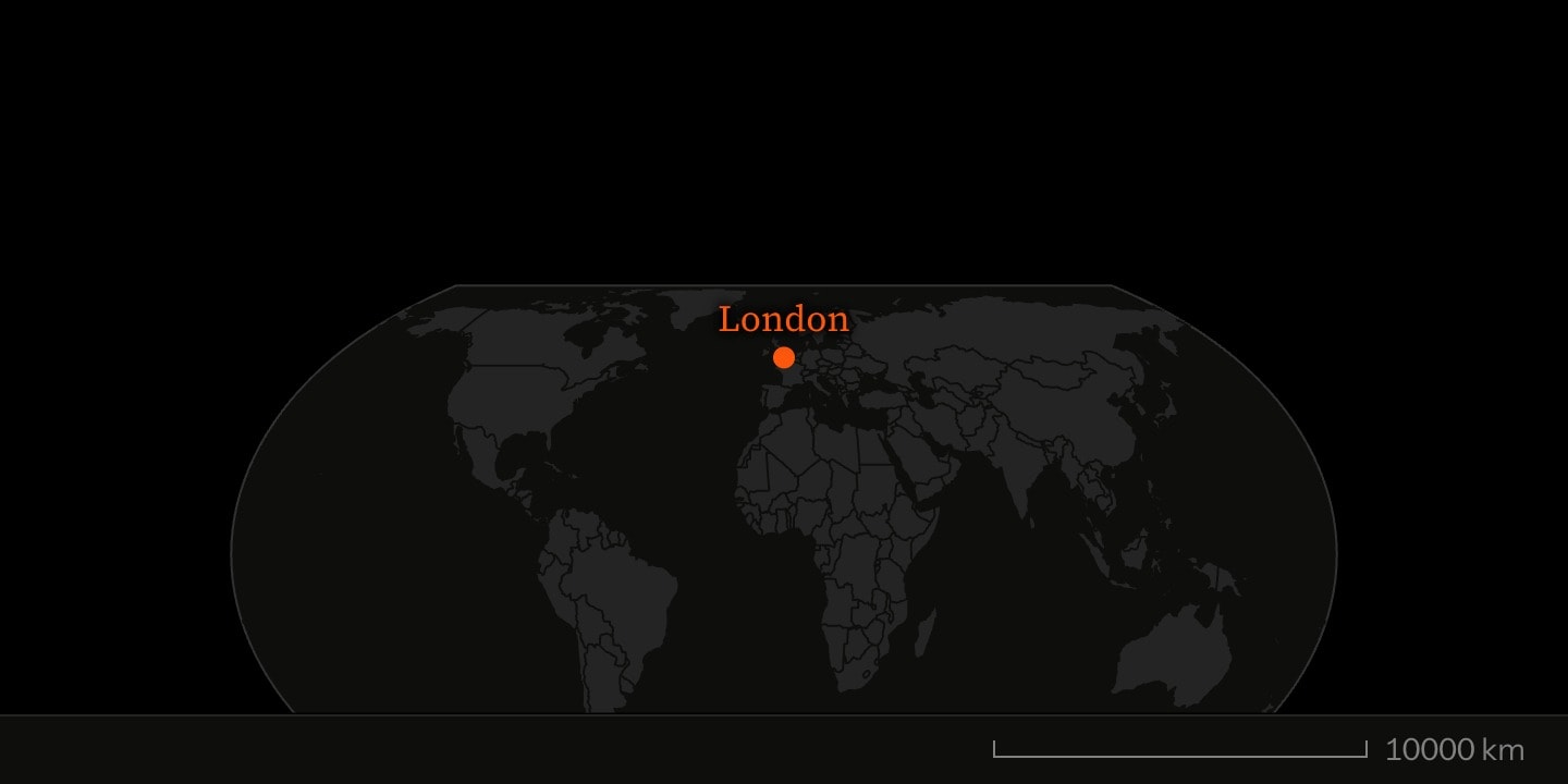 A world map with a marker at London.