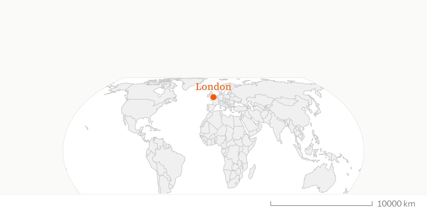 A world map with a marker at London.