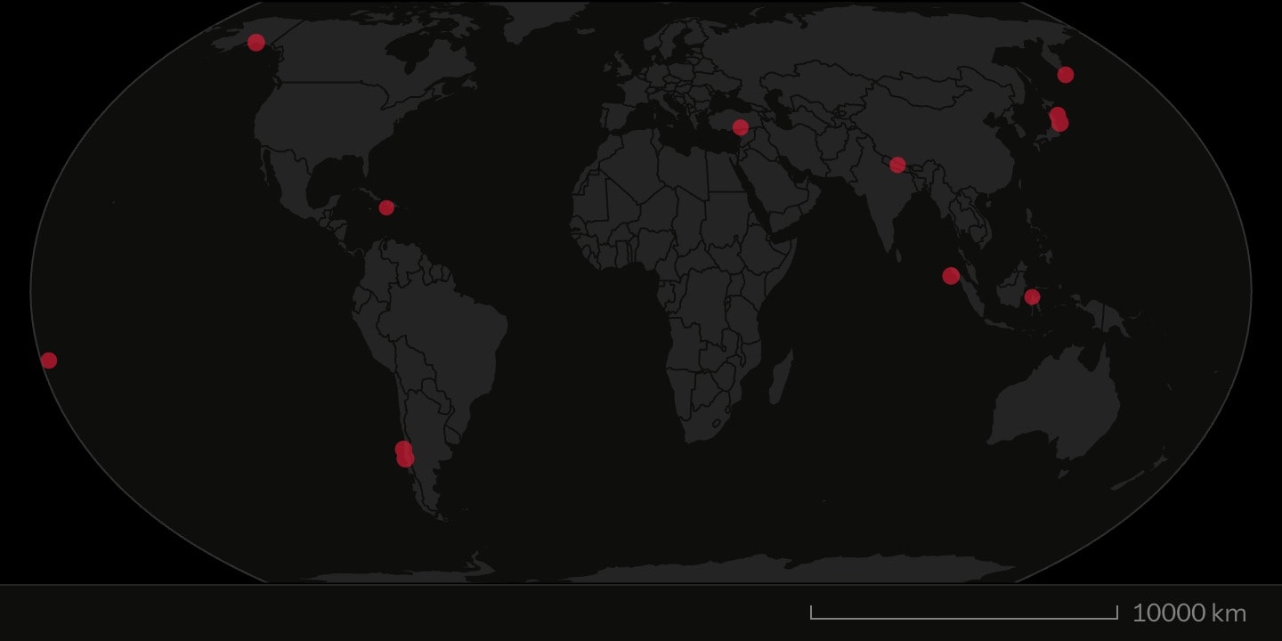 A world map with translucent red markers at twelve great earthquakes, each sized by magnitude, clustered around the Pacific.