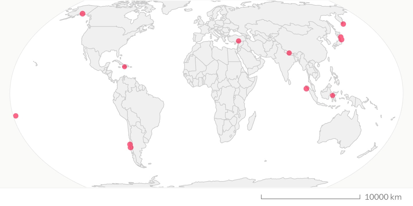 A world map with translucent red markers at twelve great earthquakes, each sized by magnitude, clustered around the Pacific.