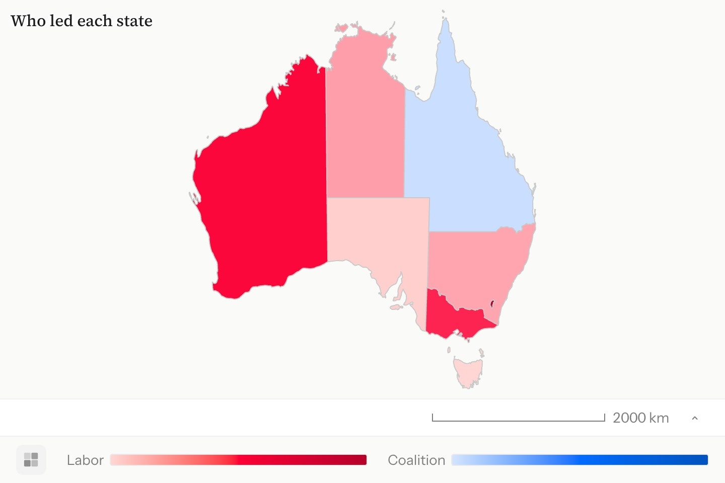 The Australian states shaded by the winning party’s margin, red for Labor and blue for the Coalition, titled Who led each state.
