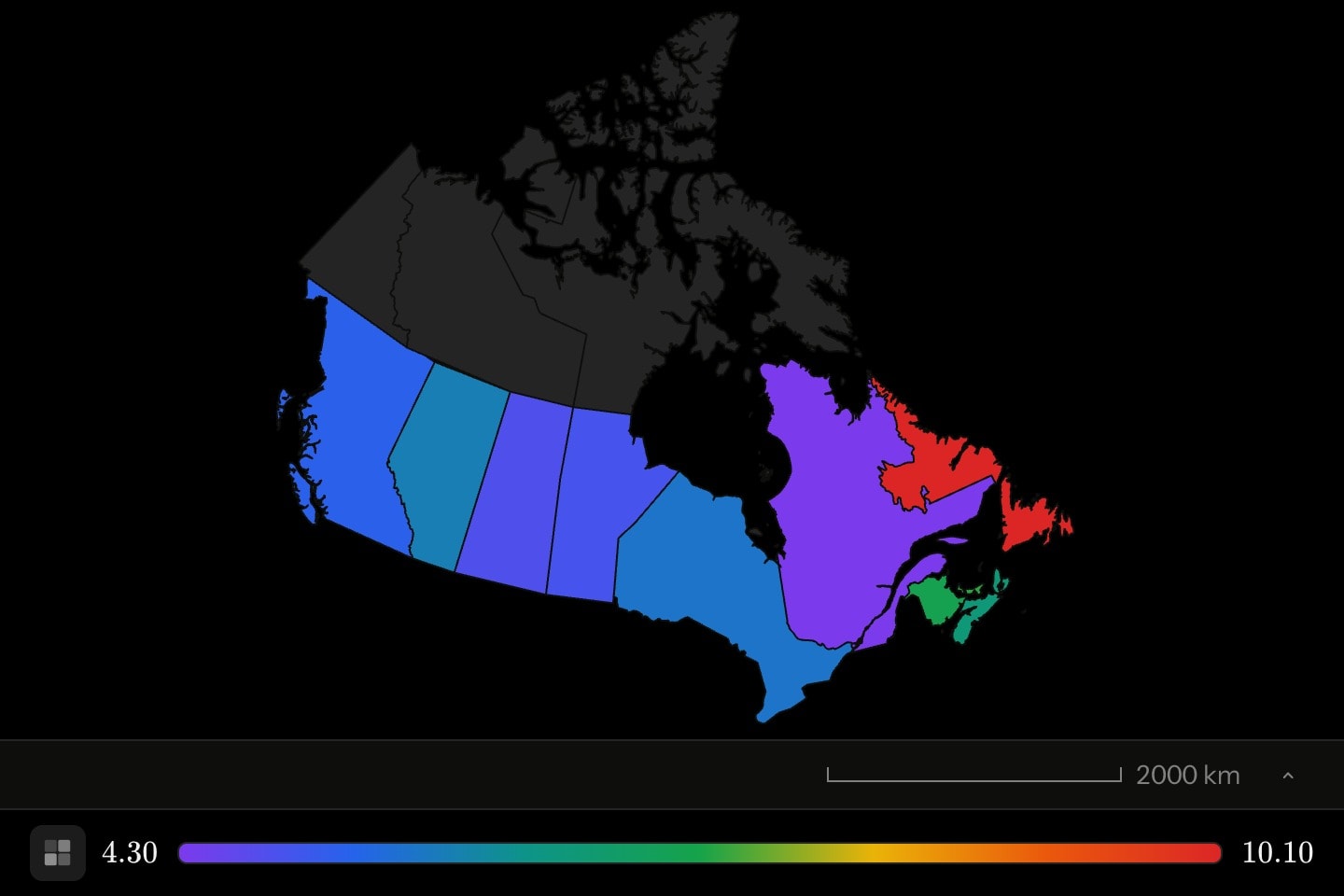 The Canadian provinces on a conic projection, shaded by unemployment, Newfoundland and Labrador reddest, at the top of the scale.