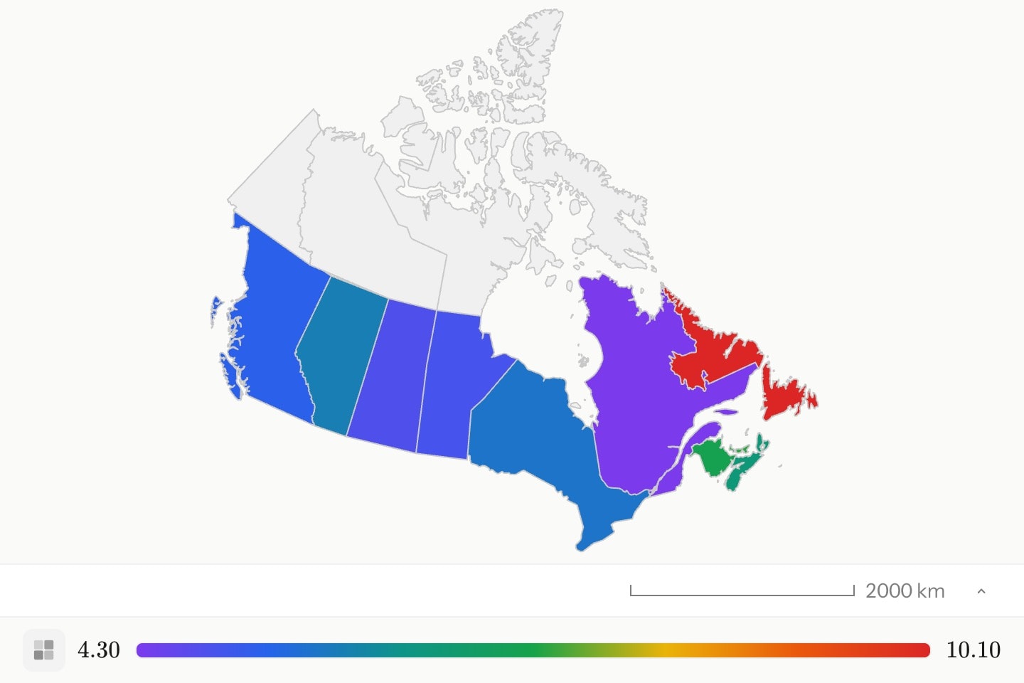 The Canadian provinces on a conic projection, shaded by unemployment, Newfoundland and Labrador reddest, at the top of the scale.