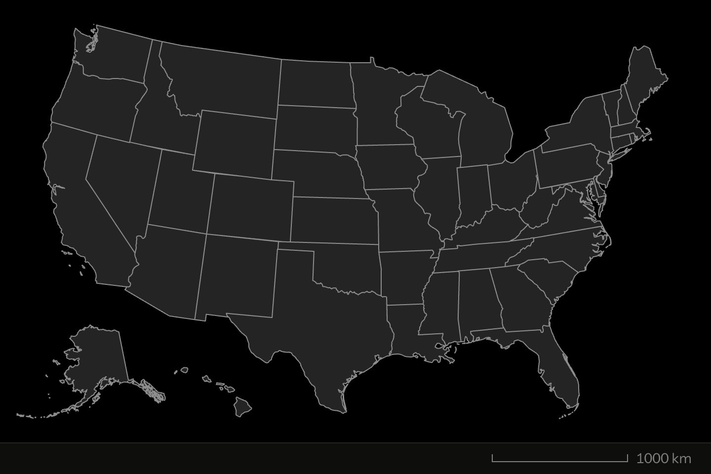 The United States by state, every border drawn grey.