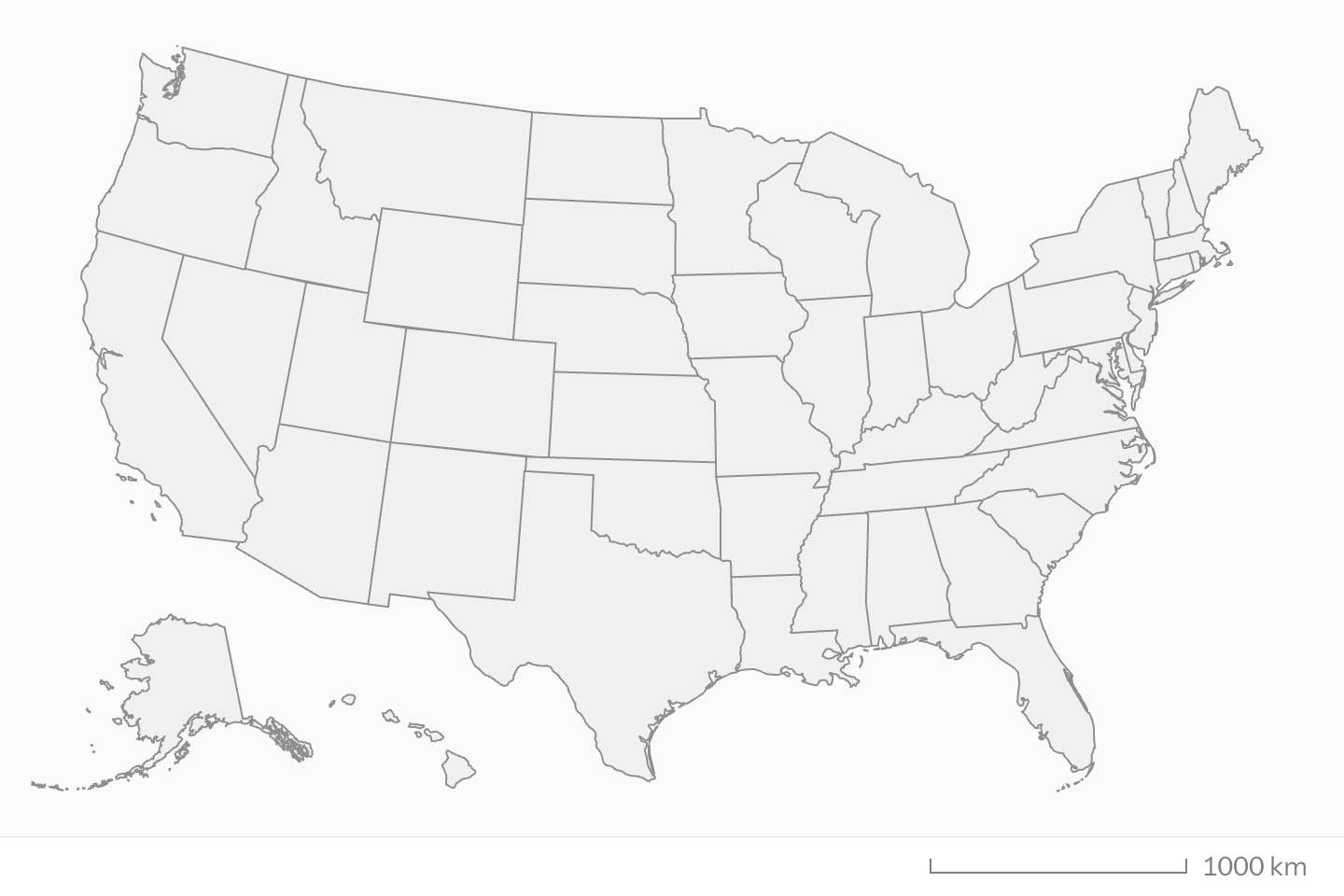 The United States by state, every border drawn grey.