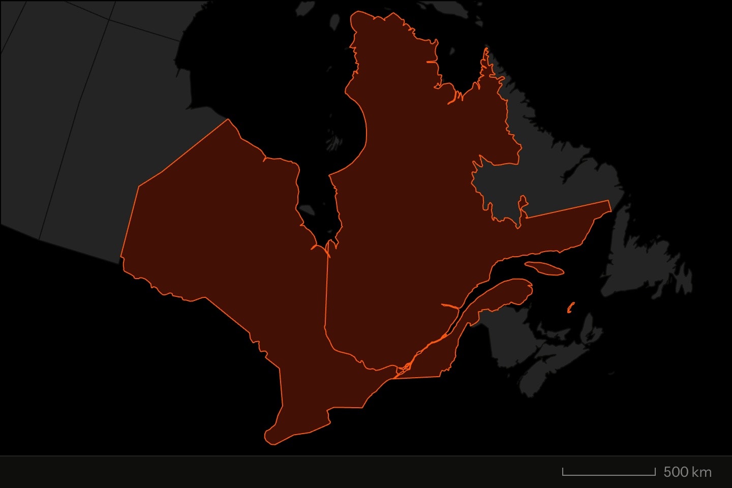 Quebec and Ontario filled and outlined in orange among the plain Canadian provinces, on a conic projection.