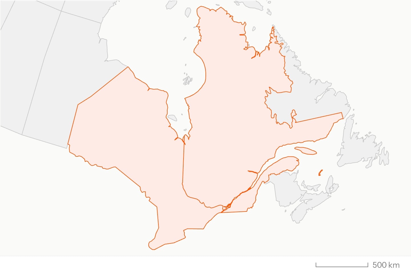 Quebec and Ontario filled and outlined in orange among the plain Canadian provinces, on a conic projection.