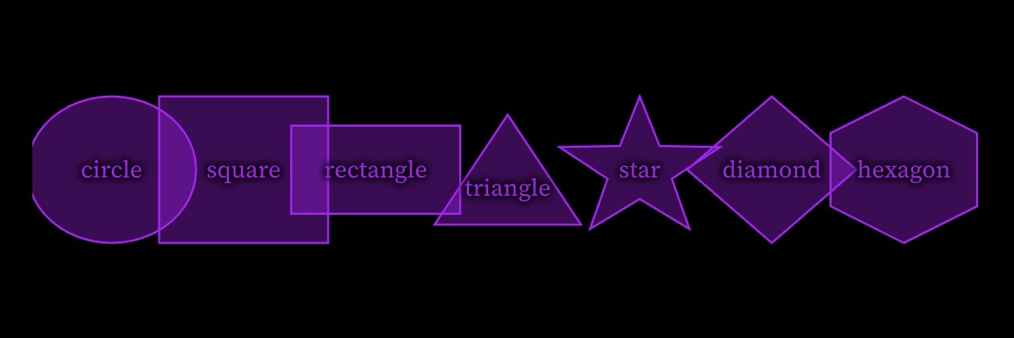 The seven shapes in a row, each labelled: circle, square, rectangle, triangle, star, diamond and hexagon.