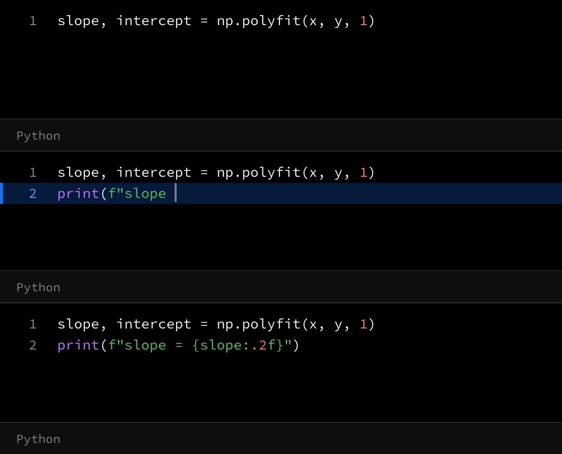 Three frames of a Python code canvas: one line, then a second line half typed, then typed in full.