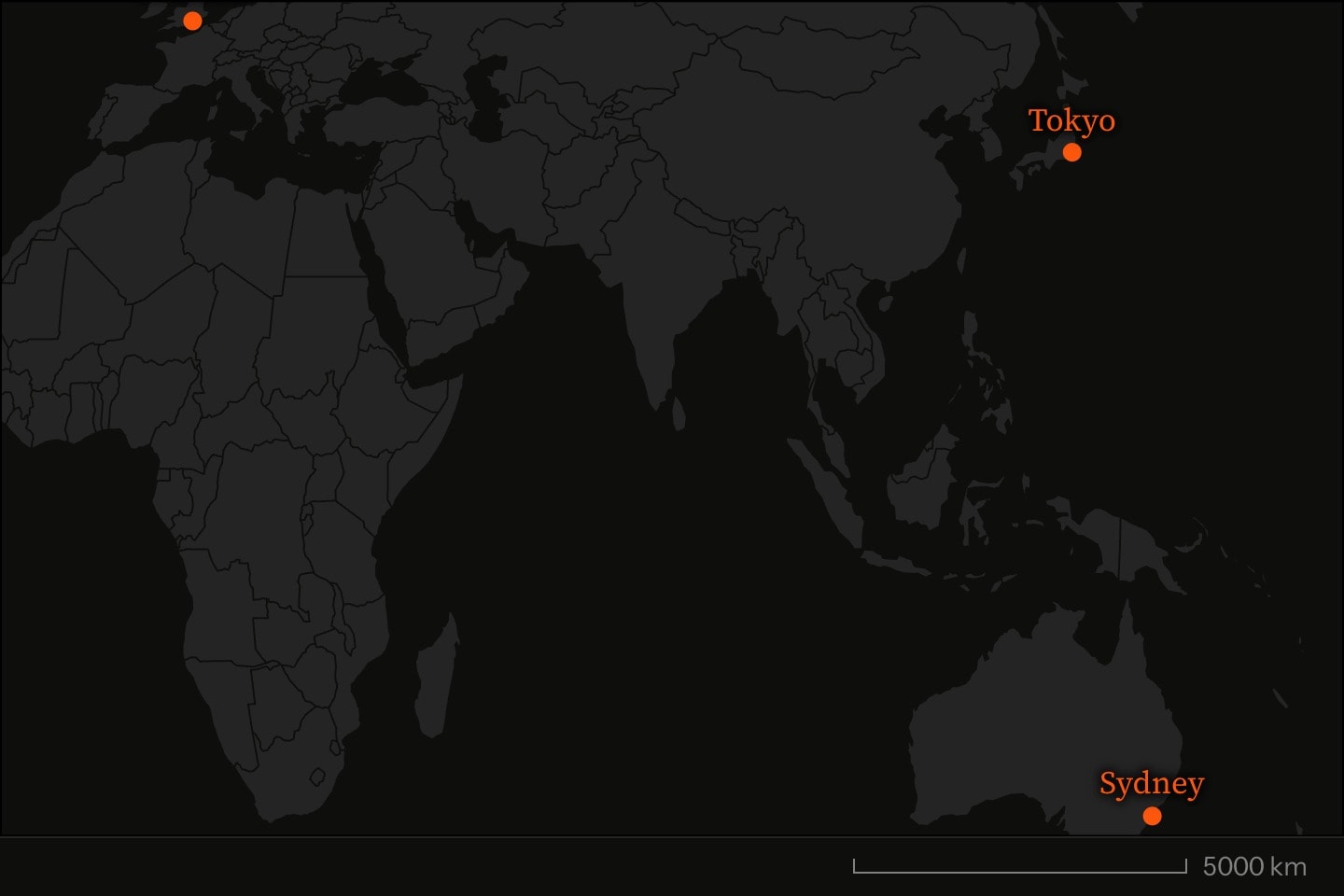 A world map with markers at London, Tokyo and Sydney.