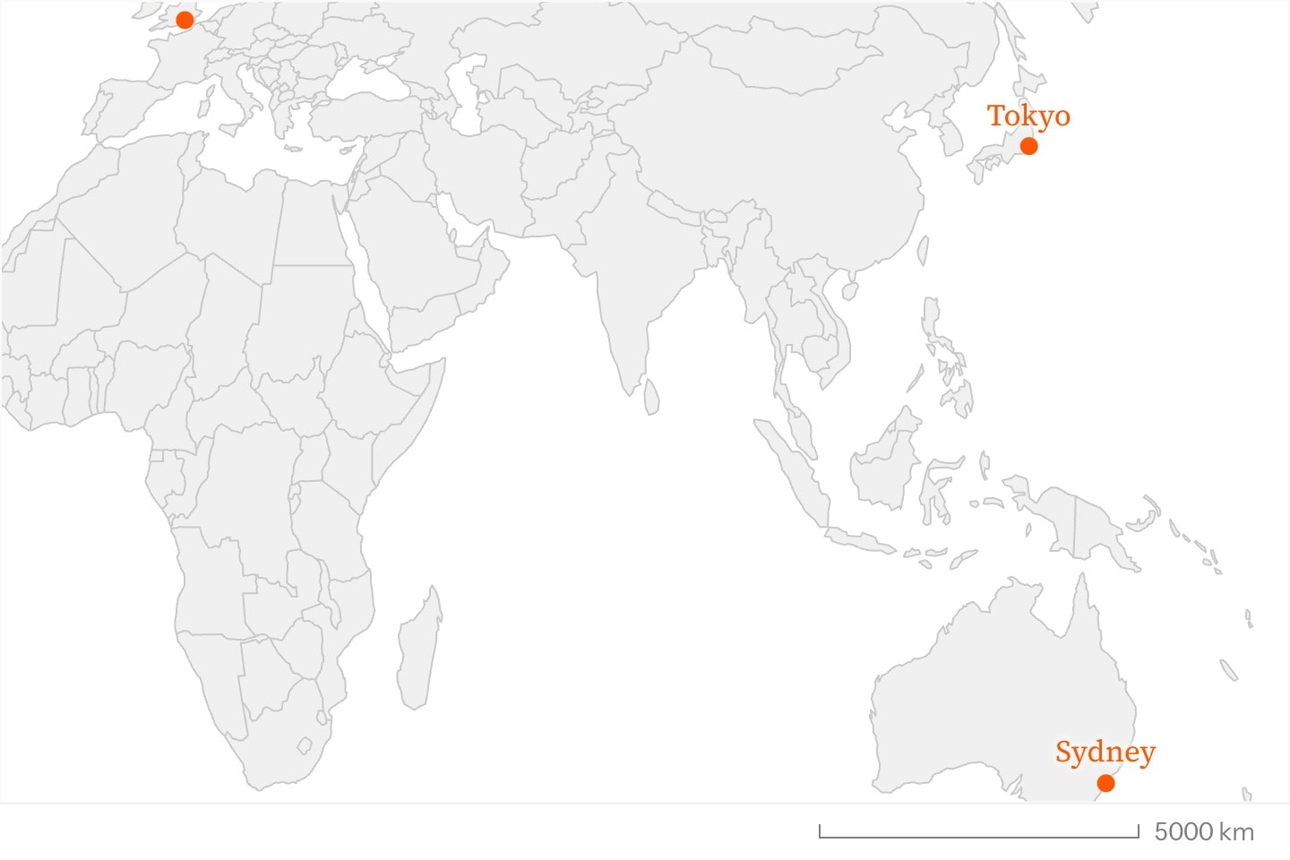 A world map with markers at London, Tokyo and Sydney.
