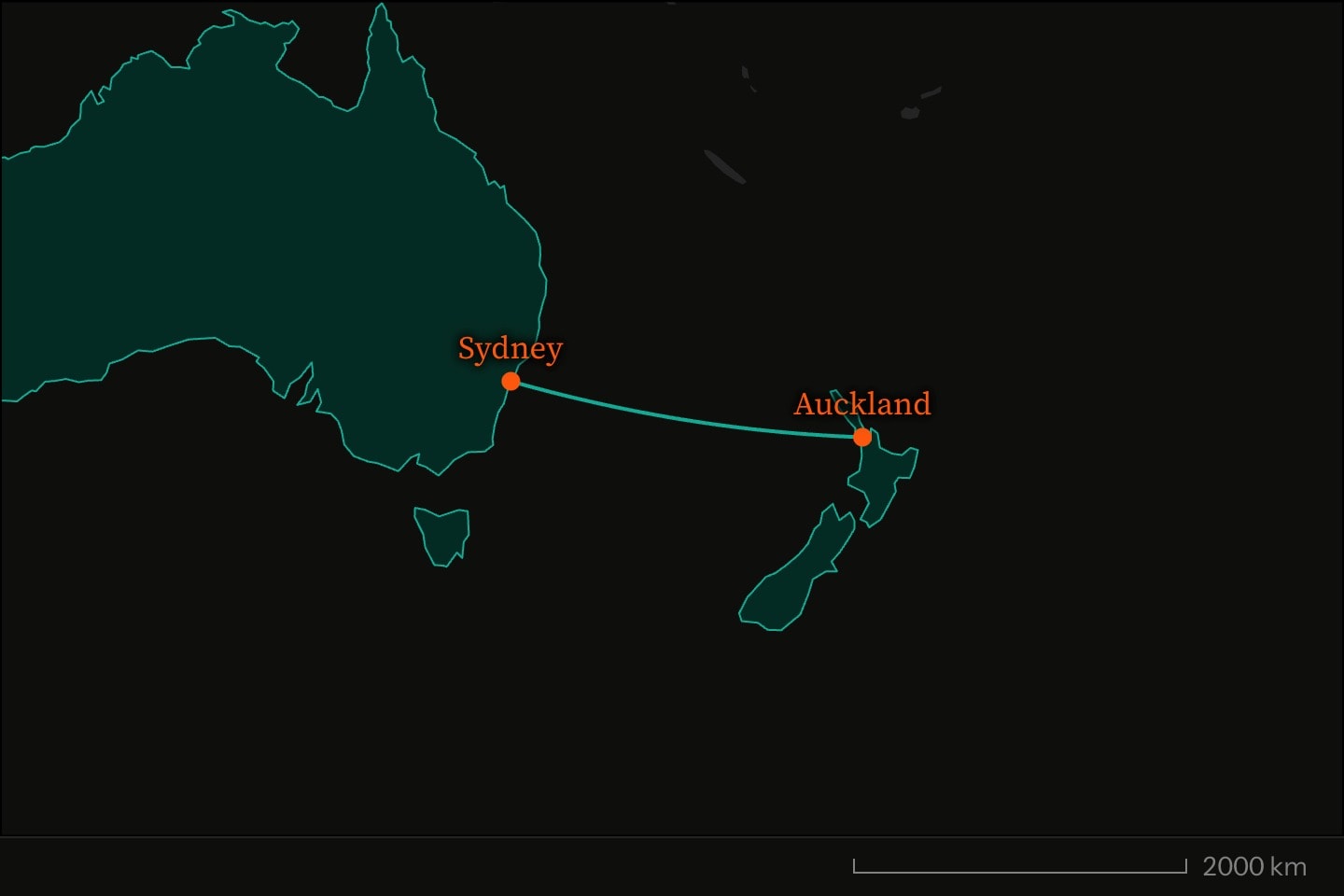 A map zoomed on the Tasman Sea, Australia and New Zealand filled and outlined in teal, with markers at Sydney and Auckland drawn over the route joining them.