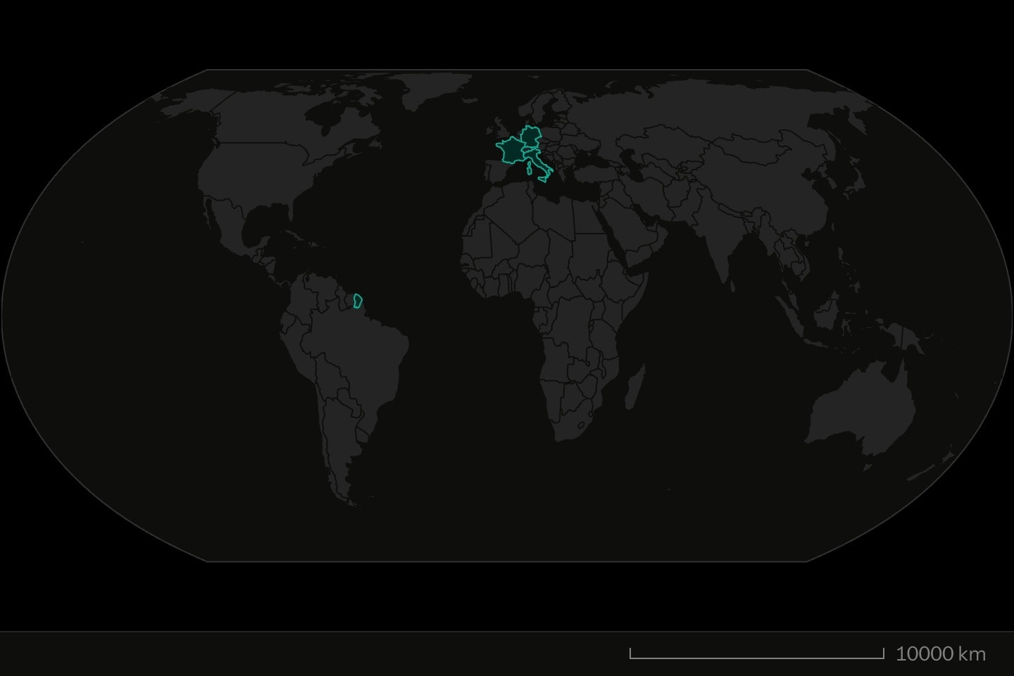 A world map without Antarctica, France, Germany and Italy filled and outlined in teal, the rest plain land.