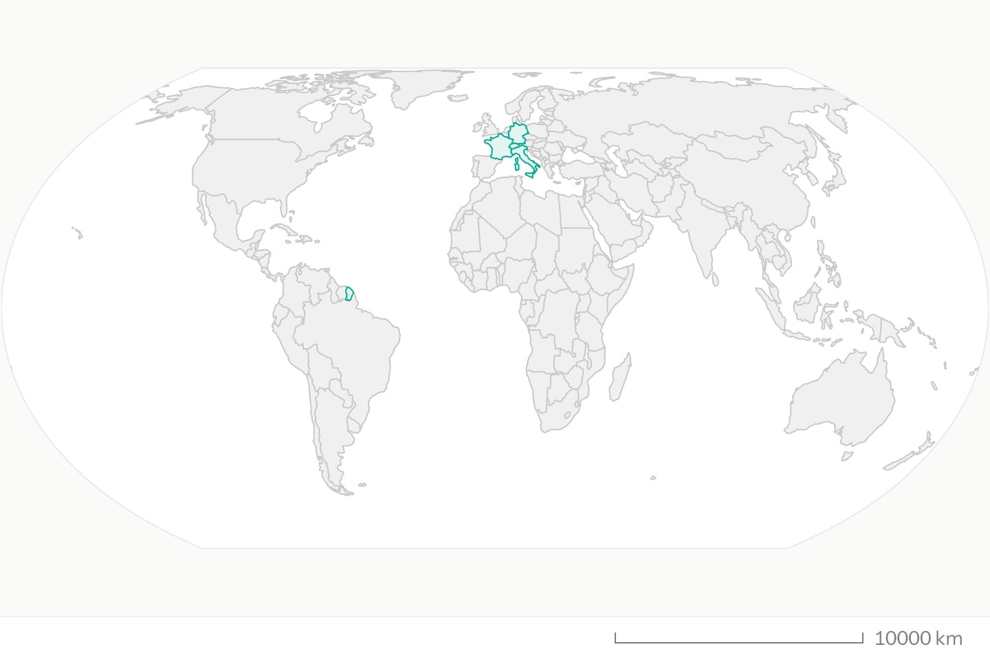 A world map without Antarctica, France, Germany and Italy filled and outlined in teal, the rest plain land.