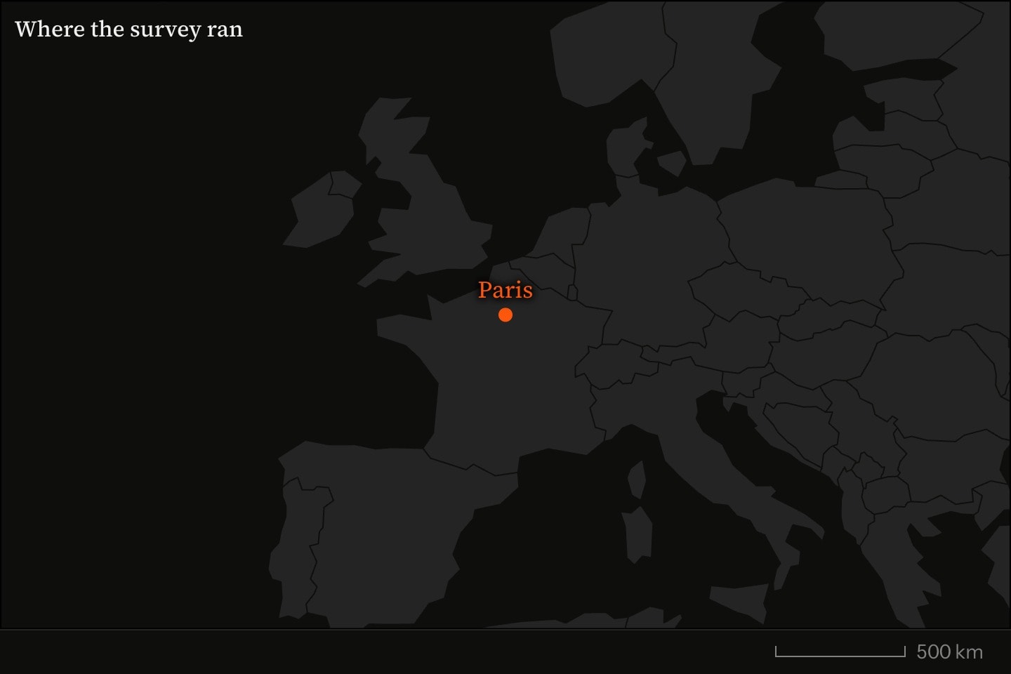 A map of western Europe on the Equal Earth projection, titled Where the survey ran, centred on a marker at Paris.