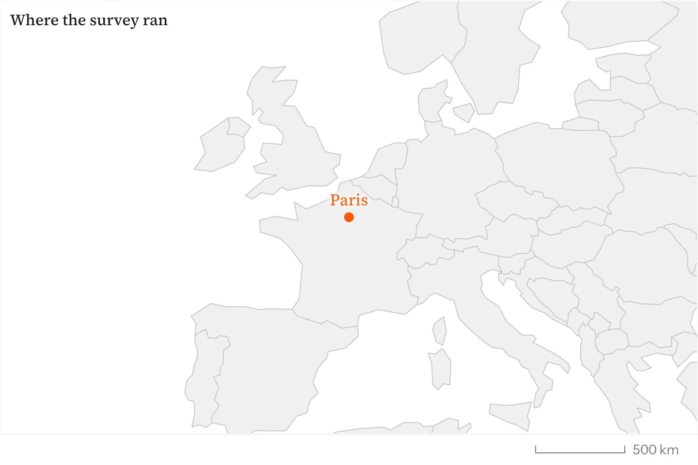 A map of western Europe on the Equal Earth projection, titled Where the survey ran, centred on a marker at Paris.