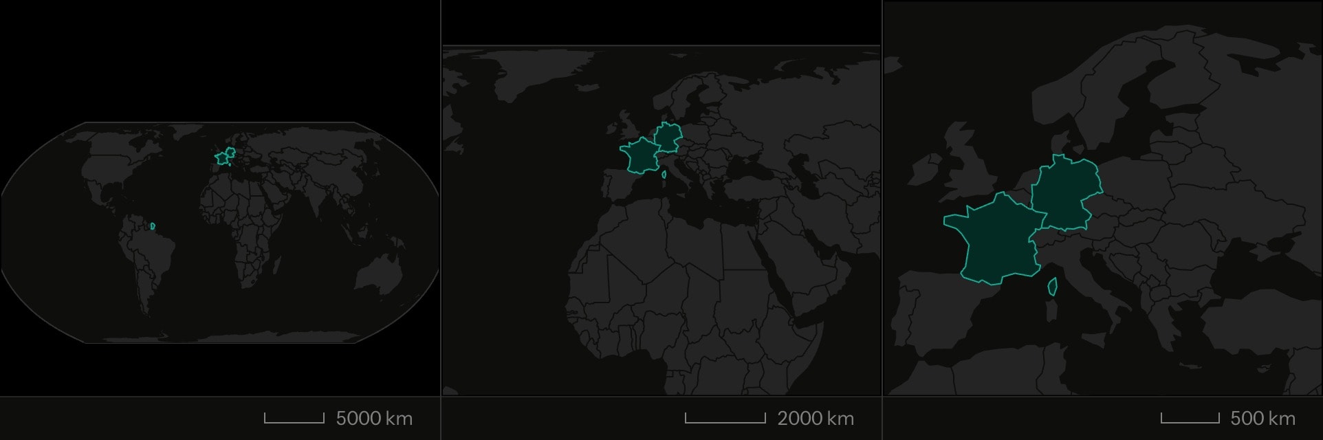 Three frames of a map flying from the whole world in to France and Germany, filled teal.