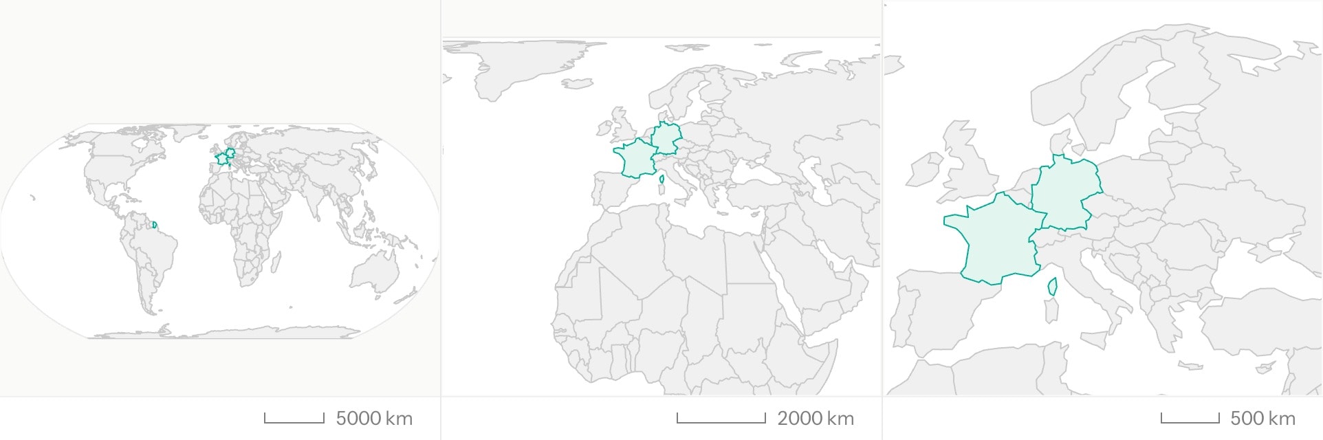 Three frames of a map flying from the whole world in to France and Germany, filled teal.