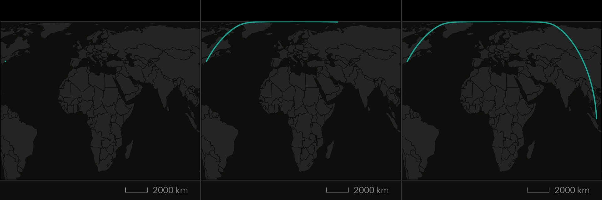 Three frames of the second step: the route from New York to Singapore drawing in across the map.