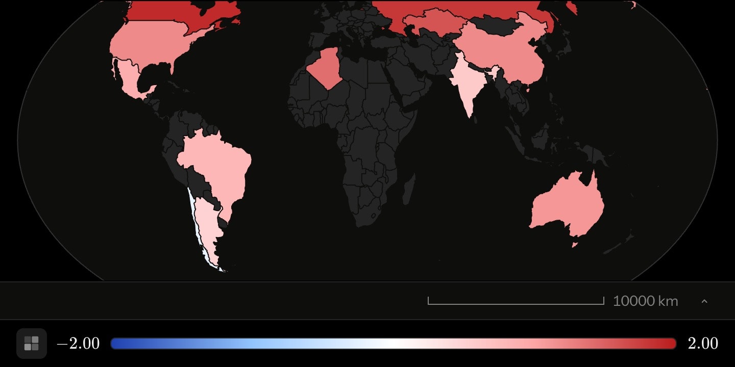 A world map with twelve countries on the blue-to-red temperature ramp from −2 °C to 2 °C, Canada and Russia deepest red.