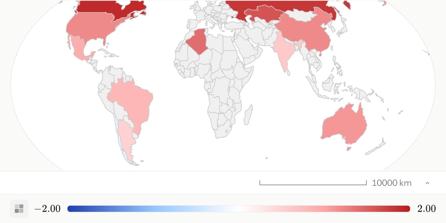 A world map with twelve countries on the blue-to-red temperature ramp from −2 °C to 2 °C, Canada and Russia deepest red.