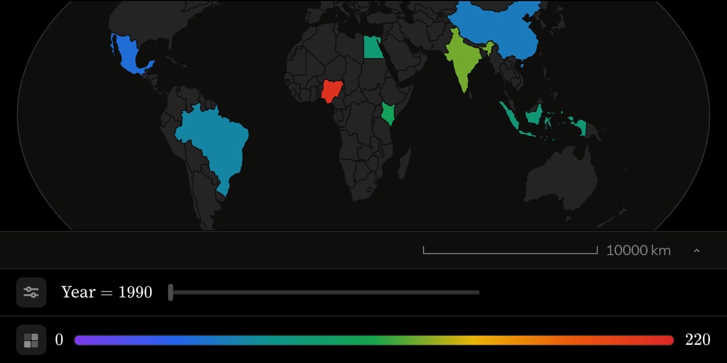 A world map with eight countries shaded by under-five mortality in 1990, Nigeria reddest, and a Year slider beneath the map.