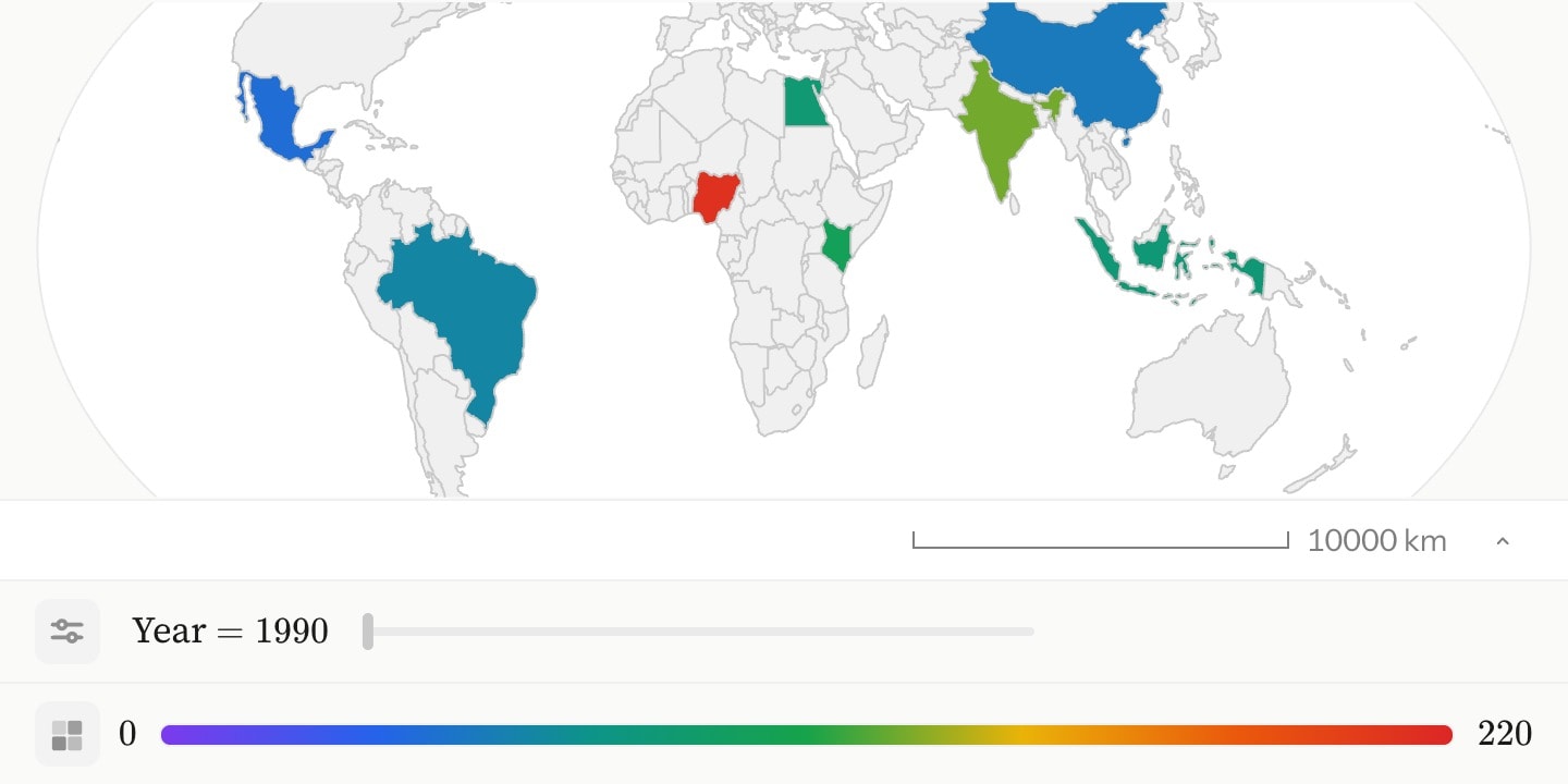 A world map with eight countries shaded by under-five mortality in 1990, Nigeria reddest, and a Year slider beneath the map.