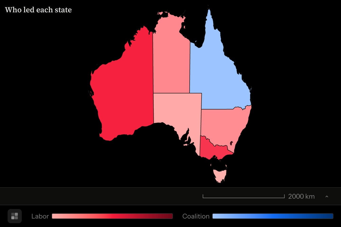 The Australian states shaded by the winning party’s margin, red for Labor and blue for the Coalition, titled Who led each state.