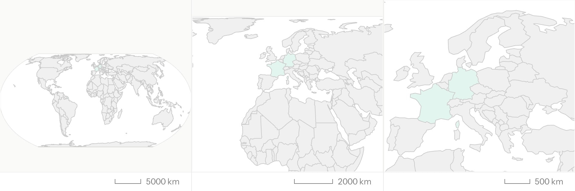 Three frames of a map flying from the whole world in to France and Germany, filled teal.
