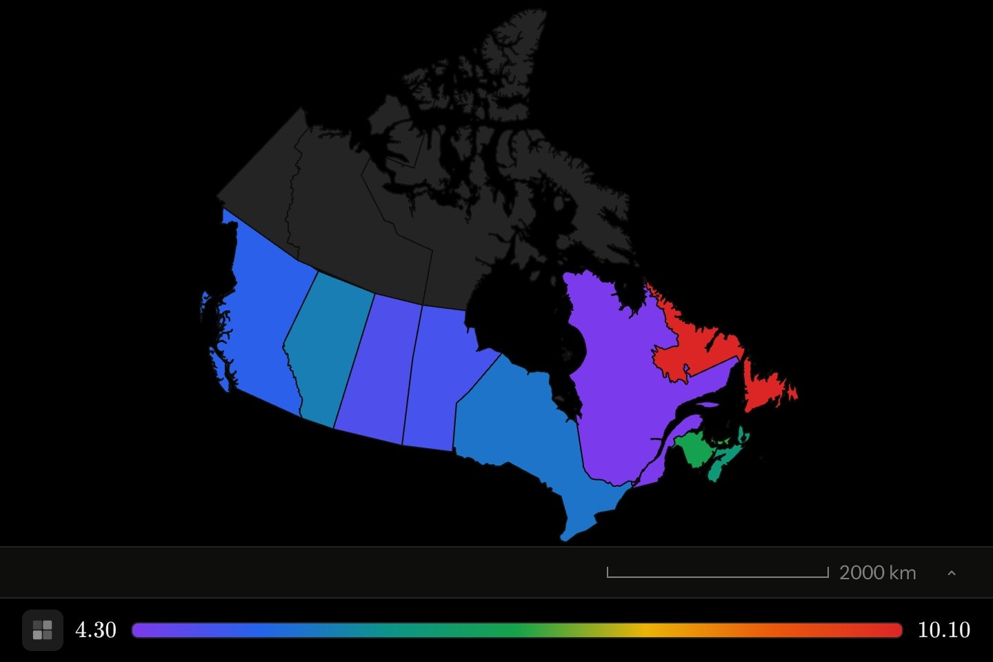 The Canadian provinces on a conic projection, shaded by unemployment, Newfoundland and Labrador darkest.