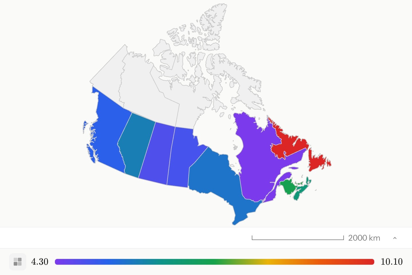 The Canadian provinces on a conic projection, shaded by unemployment, Newfoundland and Labrador darkest.