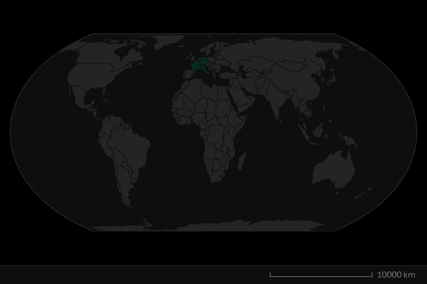 A world map without Antarctica, with France, Germany and Italy filled teal.