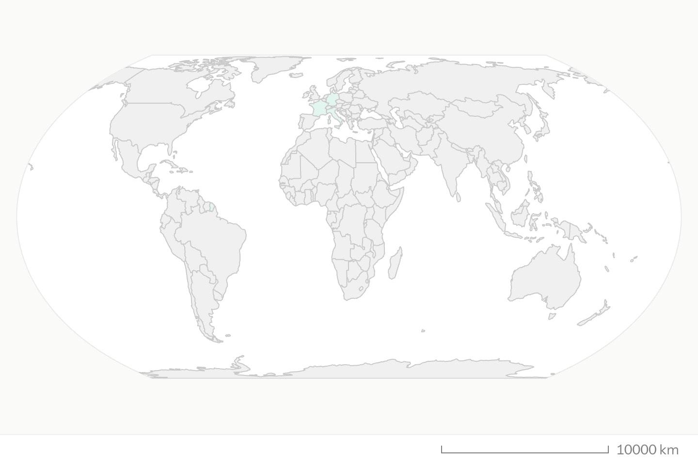 A world map without Antarctica, with France, Germany and Italy filled teal.
