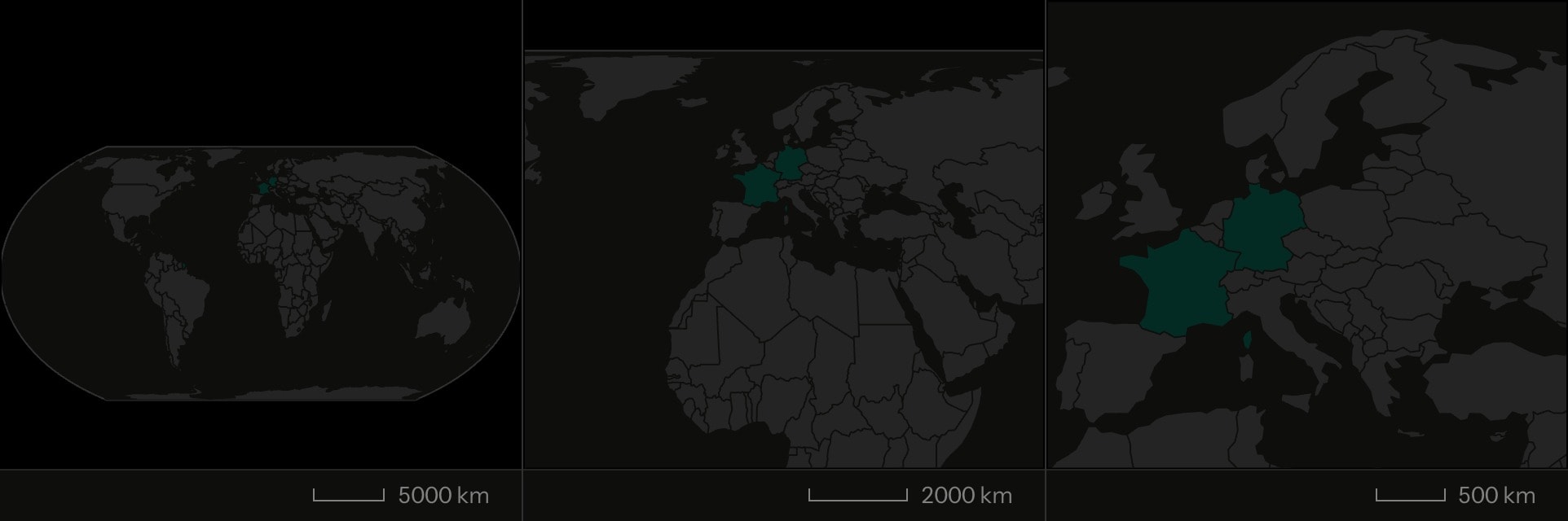 Three frames of a map flying from the whole world in to France and Germany, filled teal.