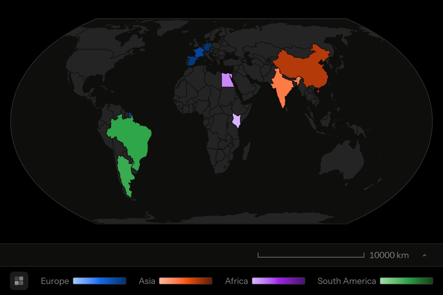 A world map with nine countries shaded by median age, each within its continent’s hue: Europe blue, Asia orange, Africa purple, South America green.