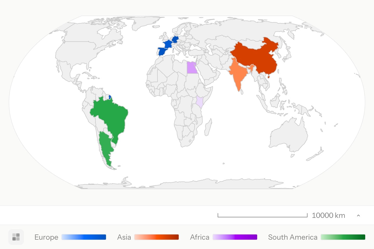 A world map with nine countries shaded by median age, each within its continent’s hue: Europe blue, Asia orange, Africa purple, South America green.