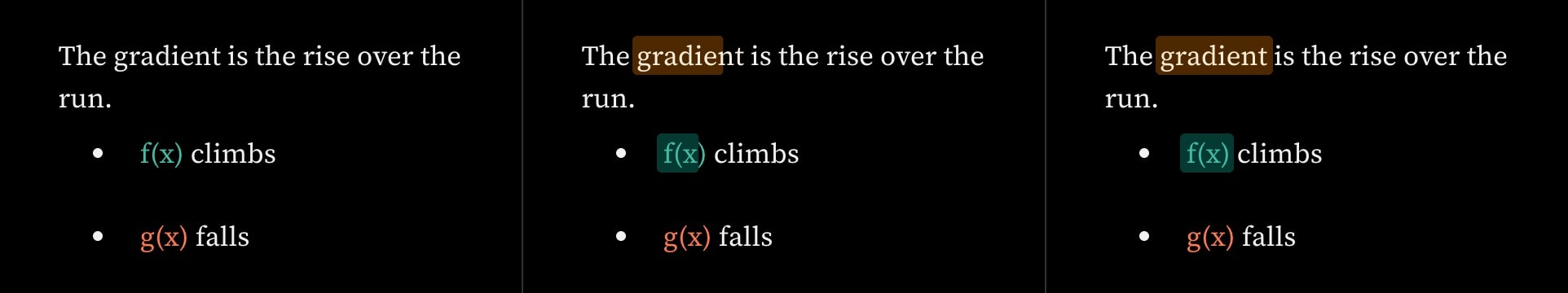 Three frames of a paragraph and a list on the canvas: plain text, then a yellow wash half drawn across the word gradient and a teal one across f(x), then both washes whole.
