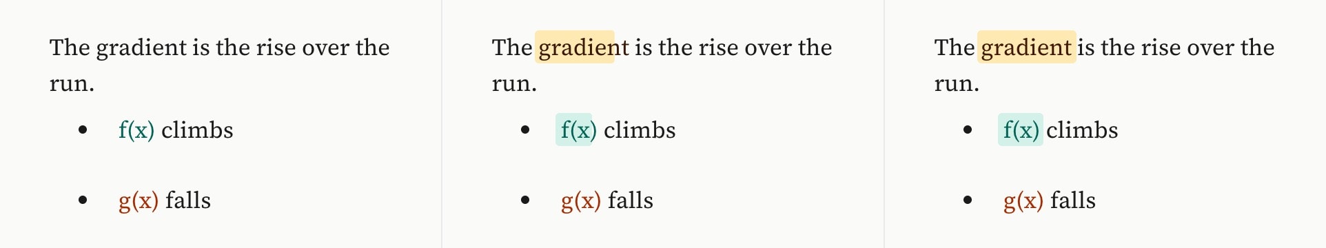 Three frames of a paragraph and a list on the canvas: plain text, then a yellow wash half drawn across the word gradient and a teal one across f(x), then both washes whole.