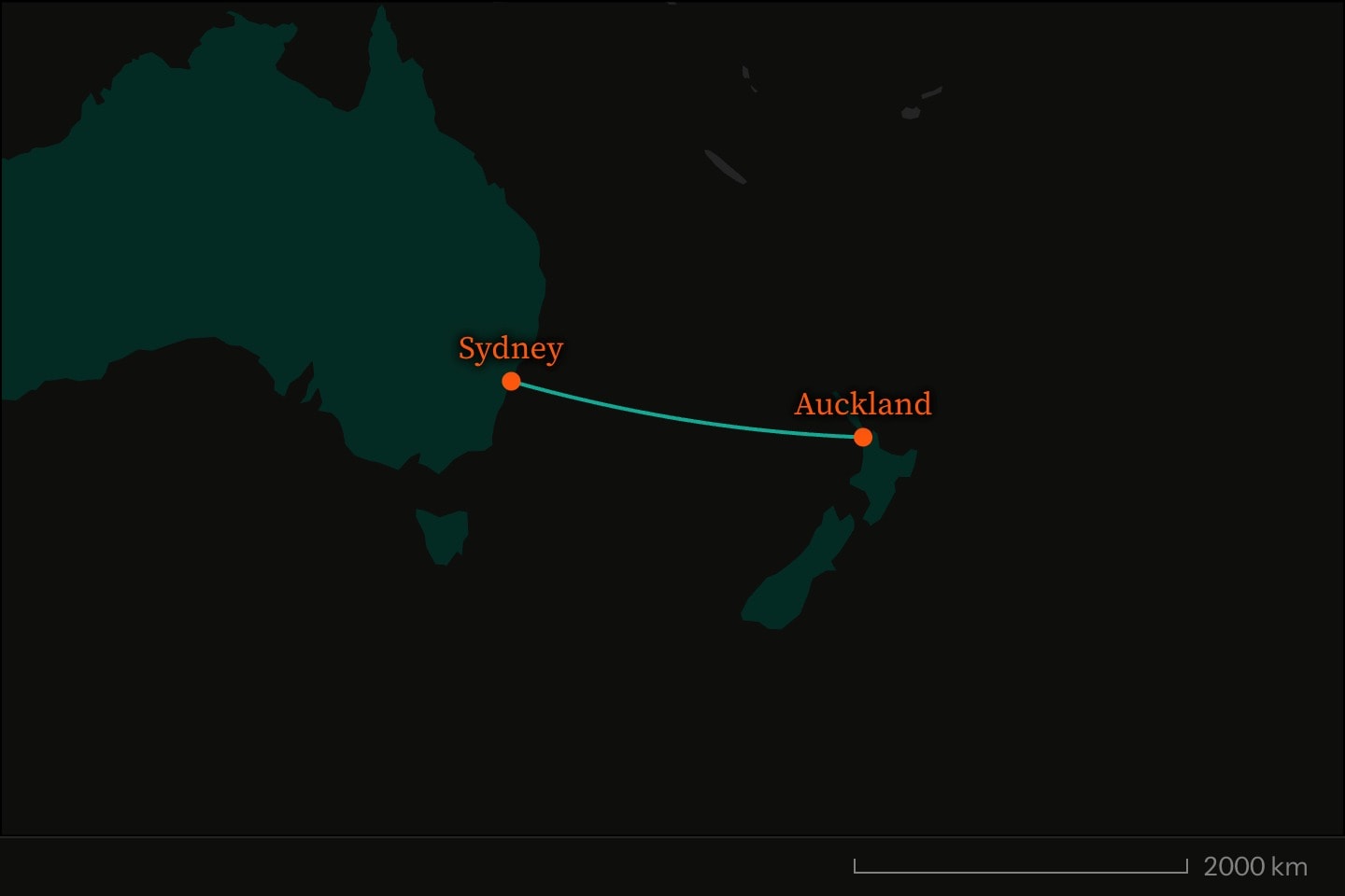 A map zoomed on the Tasman Sea, Australia and New Zealand filled teal, with markers at Sydney and Auckland drawn over the route joining them.